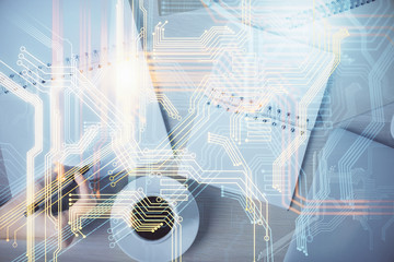 Multi exposure of hands making notes with world map hologram and data theme icons. Concept of global data.