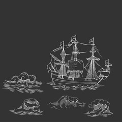 Nautical background with sailing vessels with waves - 275775374