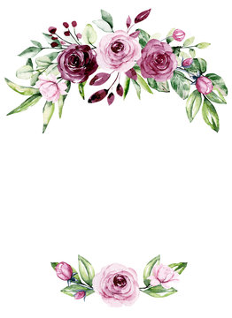 Greeting card template, watercolor flowers, frame with roses, floral illustration hand painted. Isolated on white background. Perfectly for wedding card, thank you card and other.