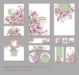 Pink Flower Set of Templates. Romantic Floral Collection for Cards, Invitations, Labels, Tags, and other Wedding and Event Decor.