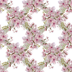 Pink Flower Vignette Seamless Pattern. Sakura on Diagonal Continuous Design for Romantic Background, Wedding Wrapping Paper, Textile, etc.