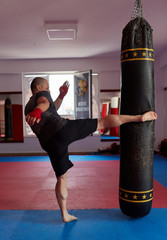 Fighter kicking the heavy bag