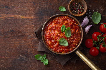 Traditional italian Bolognese sauce in saucepot