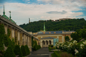 Budapest, Hungary: Beautiful Park with plants and flowers. Royal Palace garden pavilion in Budapest