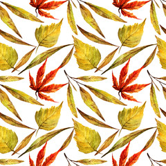 Watercolor illustration. Autumn, different autumn leaves, handmade, set. Postcard for you. seamless pattern,light background