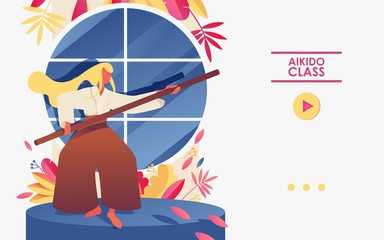 Naklejka premium Concept sport gym illustration template good for landing page or aikido training banner. Woman with stick in front of window, decorated with greenery