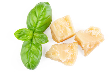 Three slices of permesan reggiano and basil bush isolated on white background, macro shooting, top view