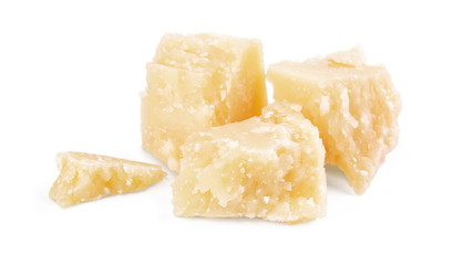 Three slices of permesan reggiano isolated on white background, macro shooting, front view