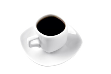 white cup of coffee on a white saucer; on a white background, angle view from above