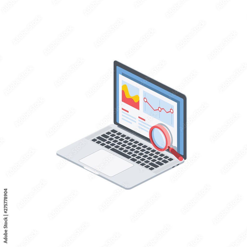 Poster charts analytics screen computer interface isometric illustrate 3d vector icon. design idea.