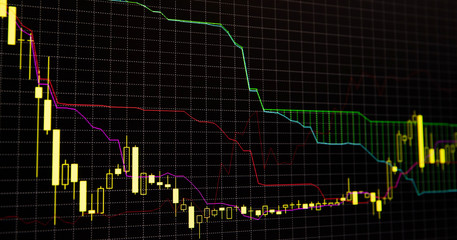 Financial stock market graph and bar chart price display on dark background.