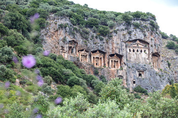 Ancient city of Kaunos, Dalyan valley, Turkey. Kaunos (Latin: Caunus) was a city of ancient Caria and in Anatolia, a few km west of the modern town of Dalyan, Muğla Province, Turkey.