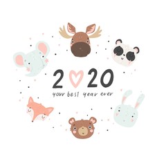 Calendar 2020 - your best year ever poster, card background template with hand drawn cute animals.  Good for kids. Redy to print. Vector illustrations