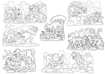 cartoon prehistoric dinosaurs, coloring book, set of images