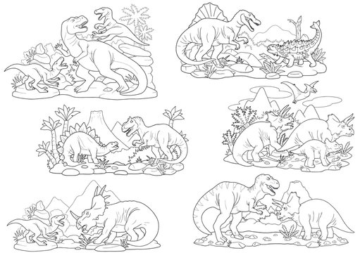 cartoon prehistoric dinosaurs, coloring book, set of images