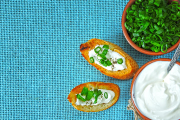 Croutons with sour cream and greens. Chopped green onions and sour cream. Sour cream. Fermented milk product. Probiotics.