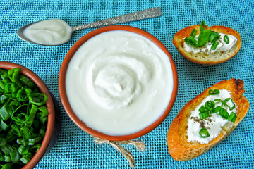 Croutons with sour cream and greens. Chopped green onions and sour cream. Sour cream. Fermented milk product. Probiotics.