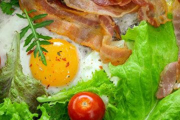 fried eggs for Breakfast close-up with bacon