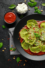 Italian ravioli pasta stuffed with basil pesto, creamy ricotta and crunchy pine nuts. Healthy Vegetarian food
