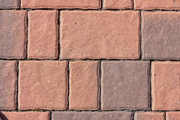 Red Brick Flooring. Top View of Red Bricks Paving Stones Footpath on a Sidewalk Outdoors as Brickwork Weaved Texture or Abstract Stone Paver Herringbone Template Background