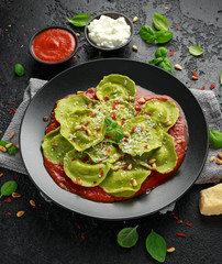 Italian ravioli pasta stuffed with basil pesto, creamy ricotta and crunchy pine nuts. Healthy Vegetarian food