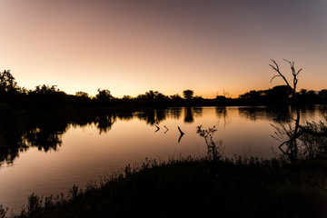 Waterhole in Africa with sunset colors