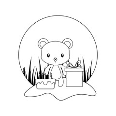 cute bear with cake of birthday and gift box