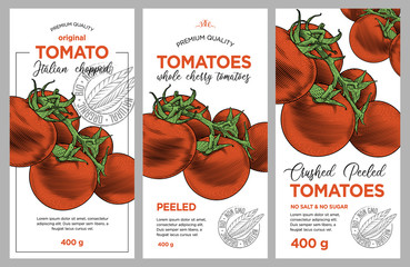 Tomato ketchup, sauce, juice badge label design set. Vector hand drawn illustration of ripe tomatoes in engraving technique. Stylish vintage templates for tomato sauce packaging. 