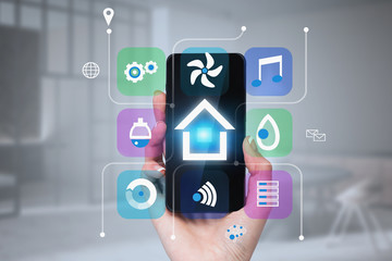 Woman hand with phone, smart home in room
