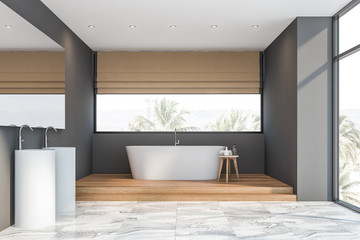 Gray loft bathroom with tub and double sink