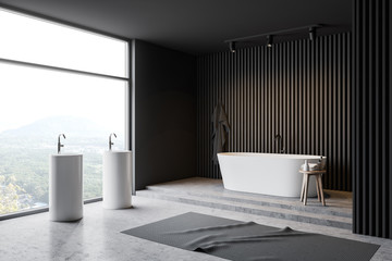Loft gray wooden bathroom corner, tub and sink