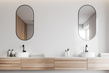 White bathroom interior with double sink - obrazy, fototapety, plakaty
