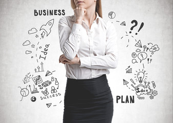 Pensive business woman, business plan