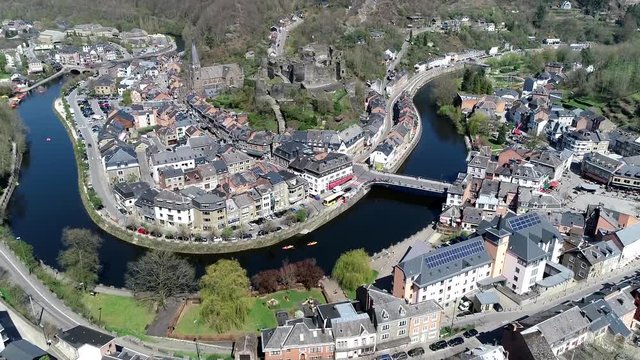 Aerial view of La Roche-en-Ardenne is Walloon municipality of Belgium located in the province of Luxembourg and the arrondissement of Marche-en-Famenne also showing the bend in the River Ourthe 4k