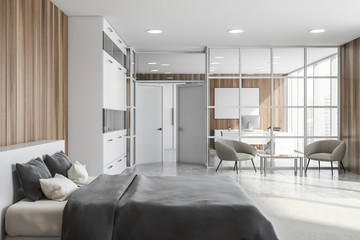 Wooden bedroom with home office