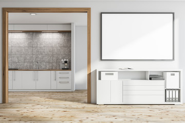 Cabinet and poster in white living room