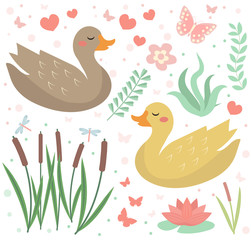 Cute duck set objects. Collection design elements with reeds, water lily, flowers, plants. Kids baby clip art funny smiling animal. Vector illustration.