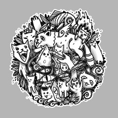 Graphic round composition with cats with different expressions and emotions. The illustrated element can be used for printing.