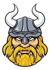 Bearded Viking warrior or gladiator wearing a helmet with horns sports mascot