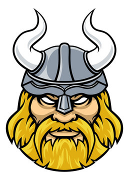 Bearded Viking warrior or gladiator wearing a helmet with horns sports mascot
