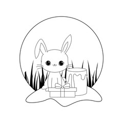 cute rabbit with cake of birthday and gift box in landscape