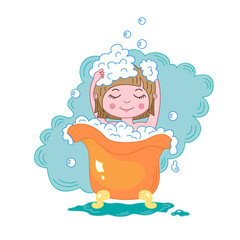 Young cute teenage girl takes bath sits in bath tub smiling, wash head by hands, surrounded by wet steam and soap bubbles. Colored cartoon vector illustration isolated on white background for kids