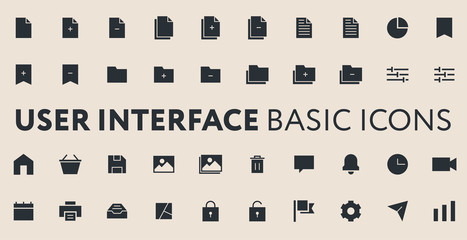 User Interface UI UX Basic Icons for Web and Mobile. Document, Add, Delete, File, Folder, Pie Chart, Bookmark, Settings, Home, Cart, Image, Trash, Notification, Video, Save, Print, Map, Flag, Graph.