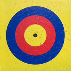 Archery target close up with many arrow holes. 