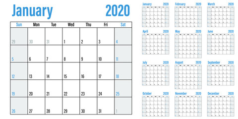 Calendar planner 2020 template vector illustration all 12 months week starts on Monday and indicate weekends on Saturday and Sunday