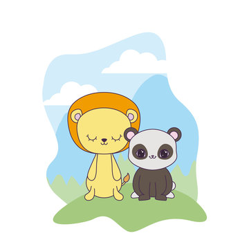 cute lion with panda bear animals in landscape
