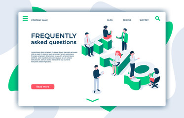 Obraz na płótnie Canvas Frequently asked questions. Asking question, ask about and FAQ landing page. Answered information, quiz discussion, intelligence asked and answers isometric vector illustration