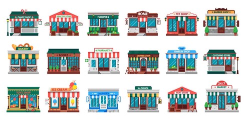 Shops facades. Laundry building, hardware store facade and pharmacy shop. Business cafe, local shopping stores street supermarket or downtown restaurant. Flat vector isolated icons set