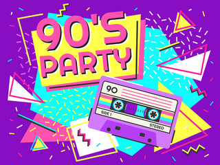 Retro party poster. Nineties music, vintage tape cassette banner and 90s style. Radio invitation card, dance time parties advertisement poster vector background illustration