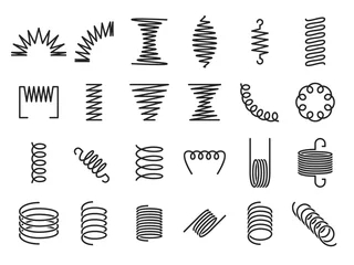  Spring coils. Metal spiral springs, metallic coil and linear spirals silhouette. Vape or machine steel coil, twisted spiral flexibility spring part. Isolated vector icon set © Tartila